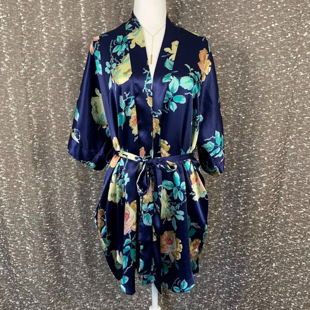 Vintage Kathryn‎ Blue Floral Short Belted Robe Pockets Women's Large